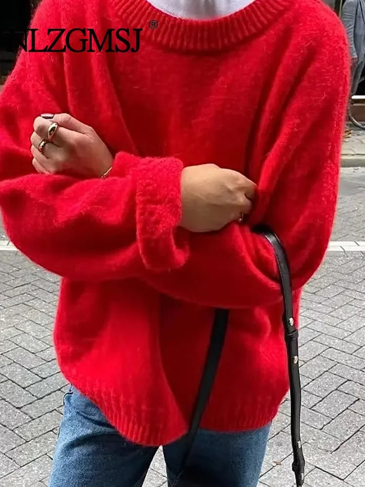 

Nlzgmsj TRAF Women Soft Knitted Pullover Sweaters Vintage O-Neck Autumn Winter Causal Elegant Loose Tops