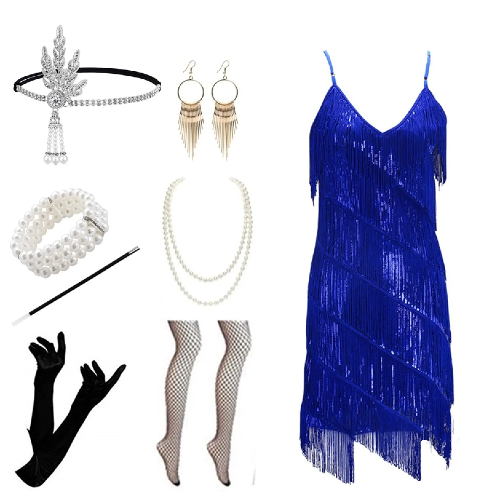thumbnail image 1 of Vestidos de cosplay de los años 20 para mujer, vestidos con borlas y tirantes, vestidos de fiesta de cóctel con flecos, vestidos estilo flapper con accesorios para la diadema, 1 of 5