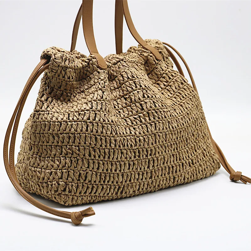 Drawstring Straw Bag for Women Top Handle Bag Summer Beach Woven Boho Rattan Large Capacity Tote Ladies Shopper Clutch