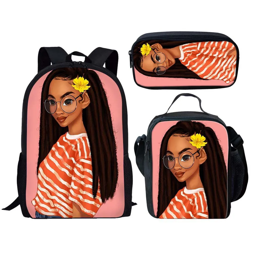 Popular Funny black African Girls 3D Printed 3pcs/Set pupil School Bags Laptop Daypack Backpack Lunch bag Pencil Case