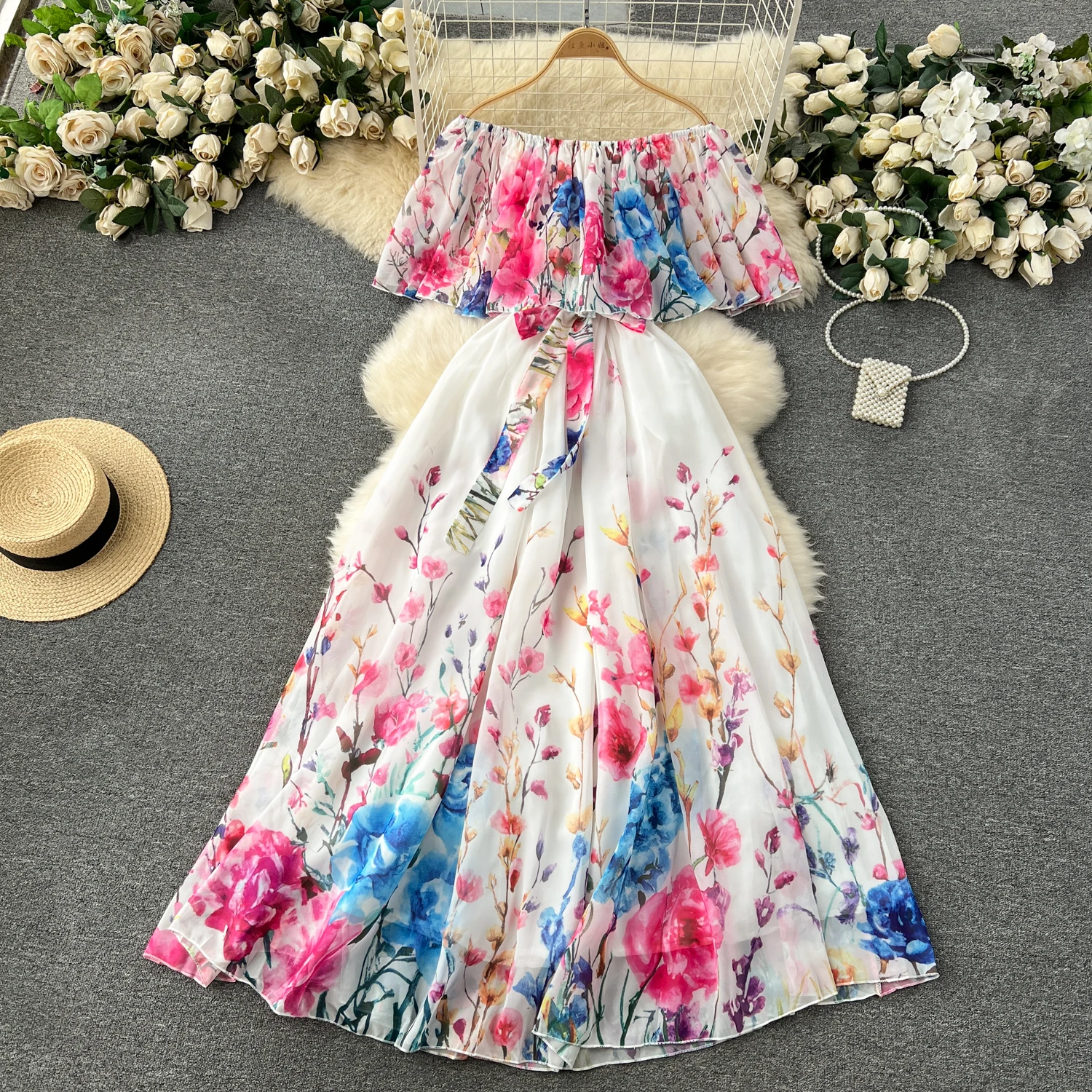 

MSHARBOR Flower Printed Series Holiday Dress Women 2024 New Design Sense Print Ruffled Edge Line Neck Off-Shoulder Chiffon Dress