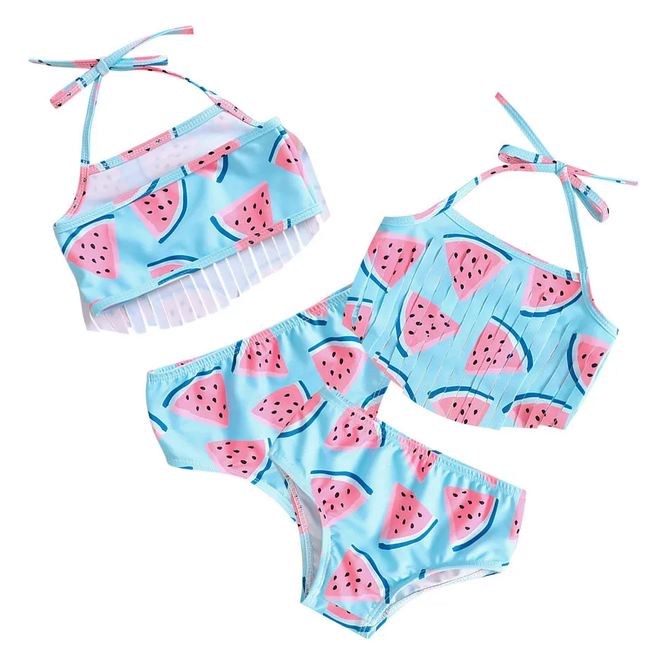 

Girls' Watermelon Printed Fringe Bikini Blue Spa Beach Split Piece With Matching Bow Headband