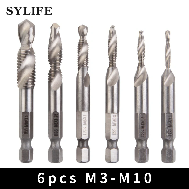 

6Pcs M3 M4 M5 M6 M8 M10 Tap Drill Bit Set Hex Shank Titanium Plated HSS Screw Thread Bit Screw Machine Compound Tap Hand Tools