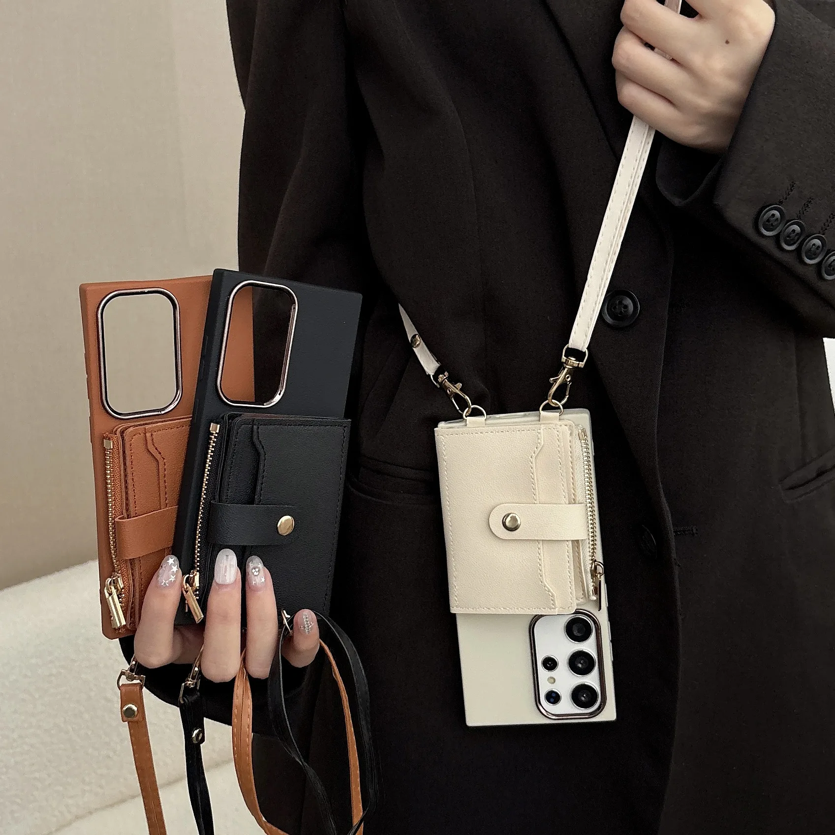 Leather Crossbody Wallet Lanyard with Card Slots and Zipper Bag Cover