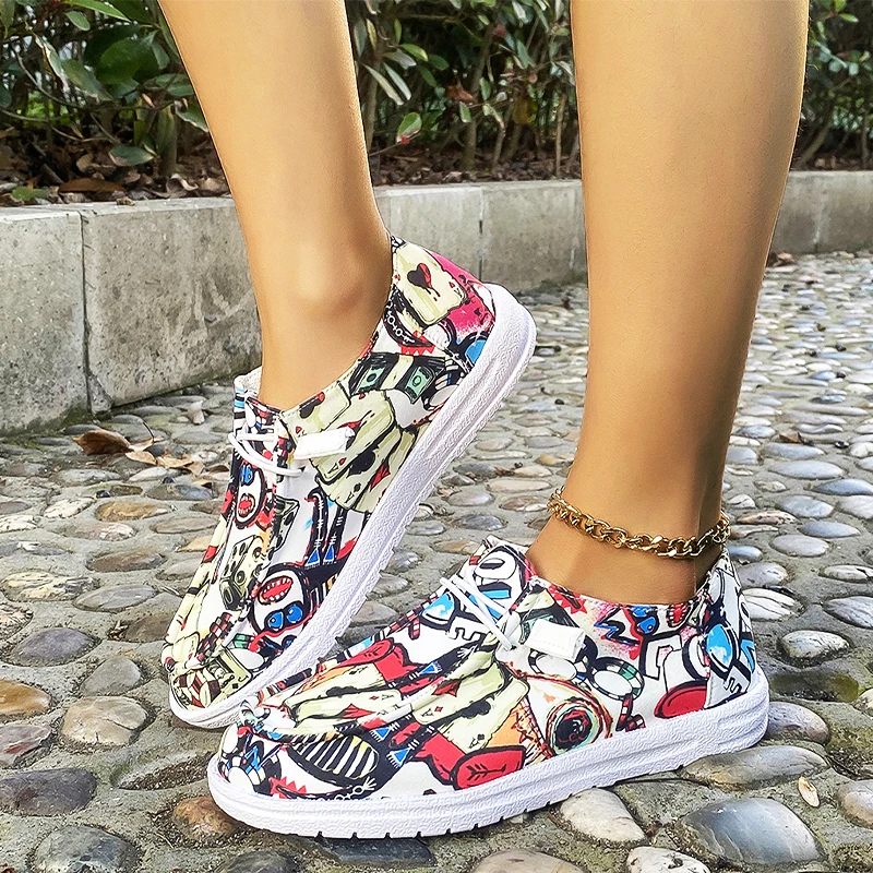 

Женские кроссовки на плоской подошве, повседневные спортивные туфли с принтом, лоферы для бега, прогулок, весна 2024