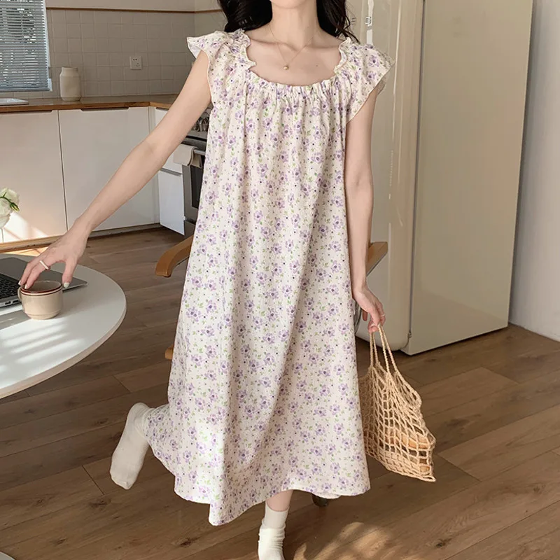 

Floral Nightdress Women Woven Casual Sleepwear Sexy Womens Dress Cute Nightgowns Flower Breathable Home Dressing Gown Sleepdress