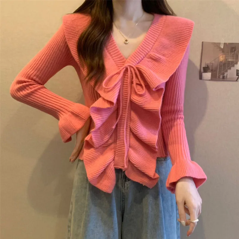 

Женский трикотажный пуловер с V-образным вырезом и длинным рукавом