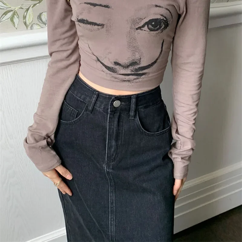 Gonna Lunga Donna Dianshao In Denim - Vita Alta Con Spacco Frontale - Tasche - Taglie S-XXL - Blu, Azzurro, Nero - Foto 7