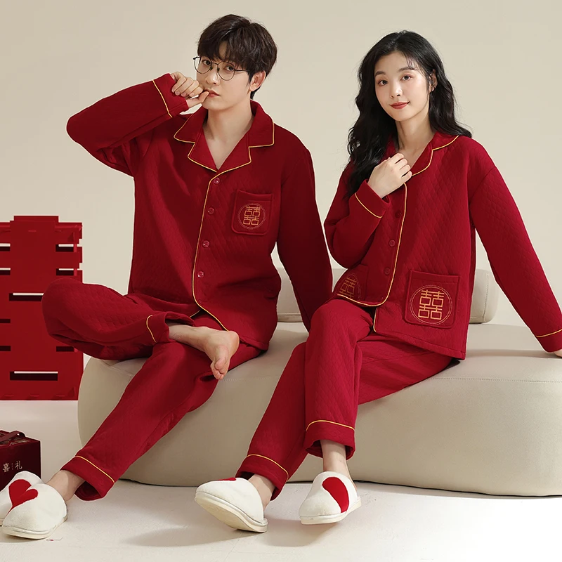 

lovers 3 layers thin quilted pajamas wedding festive red pyjamas male warm sleepwear air cotton long sleeve pajama set winter