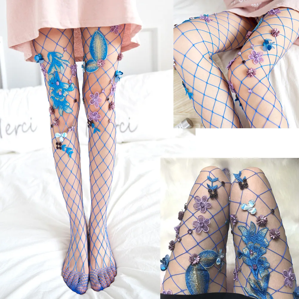 

Women Pantyhose Handmade Embroidery Pink Flower Sexy Style Fishnet Mesh Stockings Elegant Senior Pantyhose Tights
