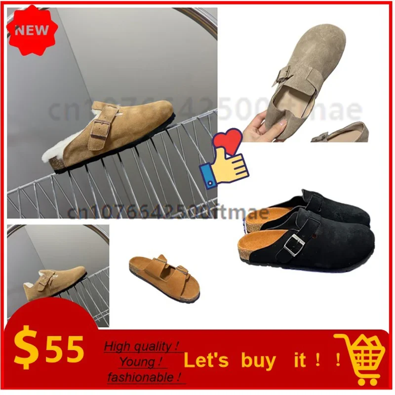 

Original Men Women Shoes German brand Cork Soft plush Fur Leather Slippers Autumn Winter Warm Slides Flat Sandals size 35-45