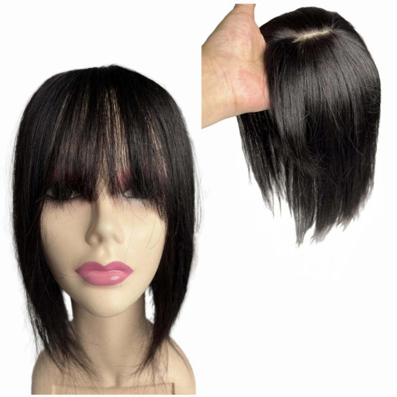 Real Human Hair Toppers With Bangs Straight Fringe Clip In Natural Extensions Hairpieces Cover White Grey Hair Loss For Women