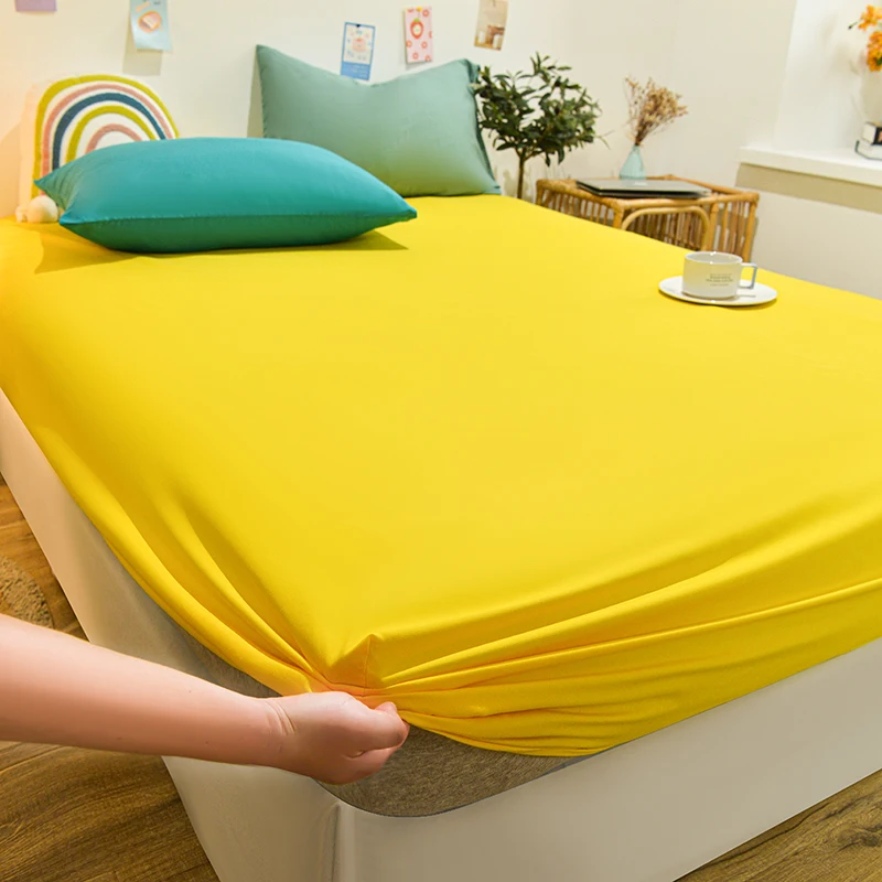 Yellow Fitted Sheet Cotton 1pcs Protective Mattress Cover Non-Slip Bedspreads King Queen Single Bed Fitted Sheet(No Pillowcase) 2