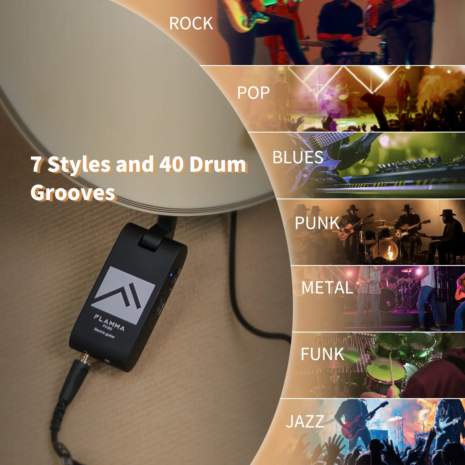Flamma FX20 フランマ ヘッドホンアンプ エフェクター ドラムマシン ドラム付きギター用ヘッドフォン,40個,52アンペアモード,5遅延