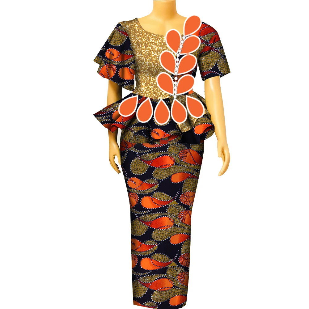 BintaRealWax 여성용 아프리카 투피스 세트, Dashiki 물방울 패턴 아프리카 의류, 파티용 바진 레이디 의류, YF104