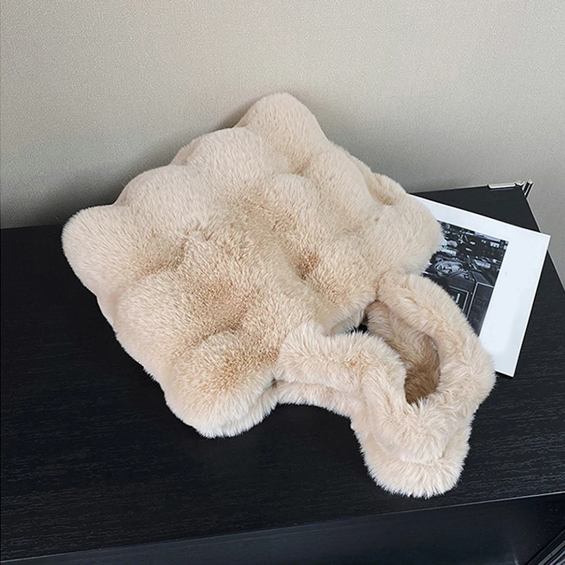 New Women Fluffy Shoulder Bags Autumn Winter Top-handle Handbag Girls Plush Tote Bag Solid Color Commuter Versatile Handle Bag