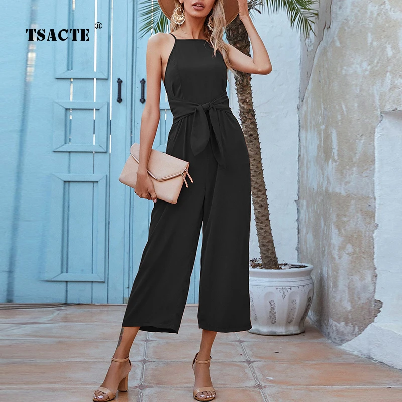 

Fashion Casual Solid Color Women's Overalls Elegant Slim Sleeveless Sling Bow Patchwork Wide-leg Pants Jumpsuits Summer Playsuit