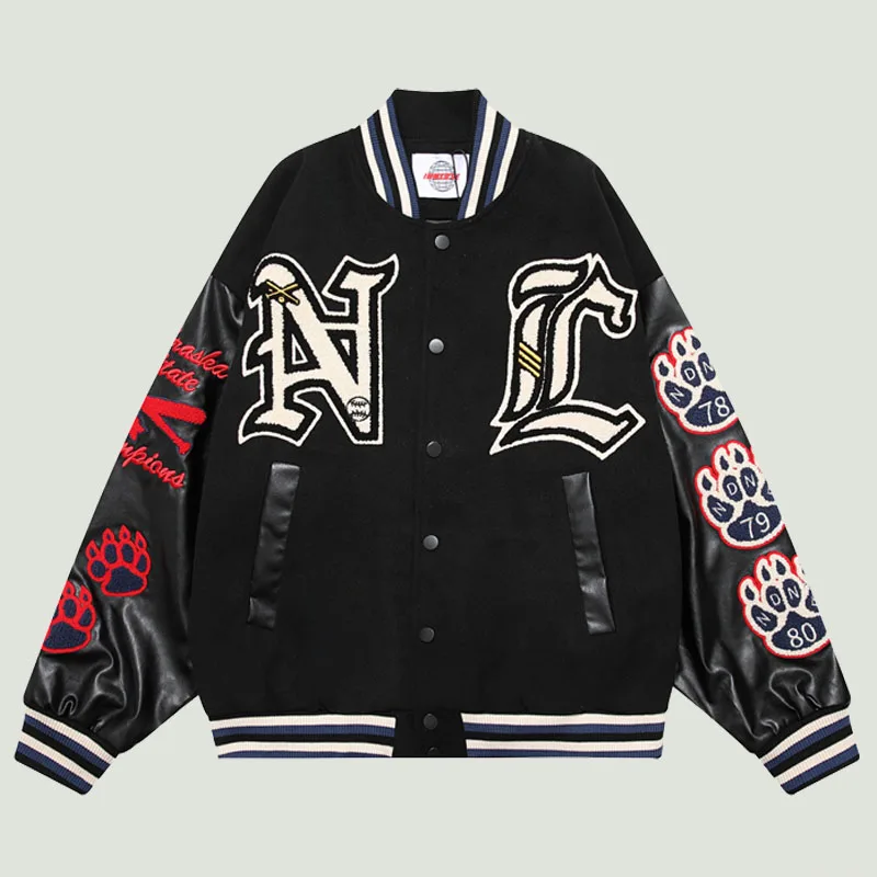 

High Street Oversized Baseball Jackets Mens Hip Hop Retro Letter Graphic Embroidery Patchwork Leather Sleeve Casual Coats Unisex