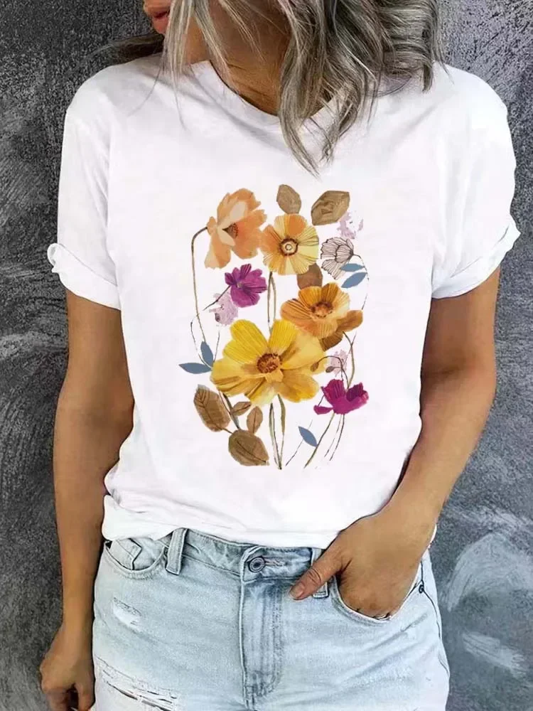 

T-Shirt Women's 90s Trend Cute Watercolor Wildflower Shirt Pattern Short Sleeved Casual Women's Printed Fashionable T-Shirt.