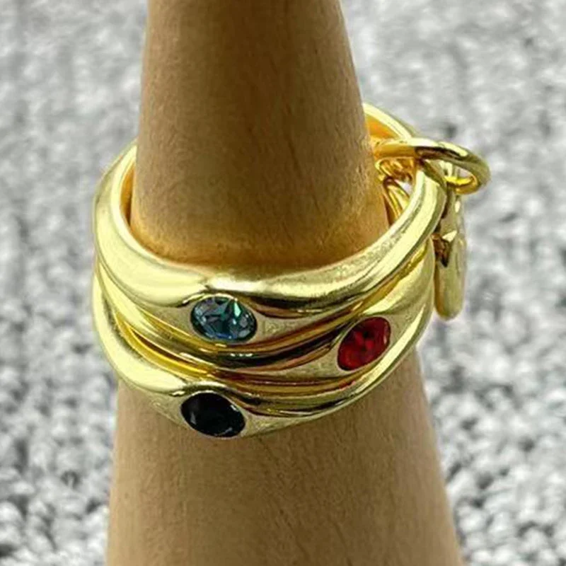 

Новое модное гальванизированное серебро 92514K изысканное темно-синее красное искусственное драгоценное камень Тройное Кольцо женское предложение праздничный подарок