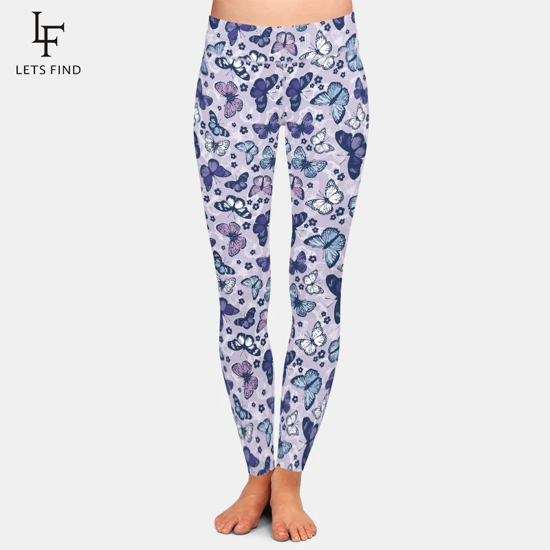 LETSFIND New Design Butterfly And Flowers Printing Workout Leggings Fashion High Waist  Women Elastic Fitness Leggings