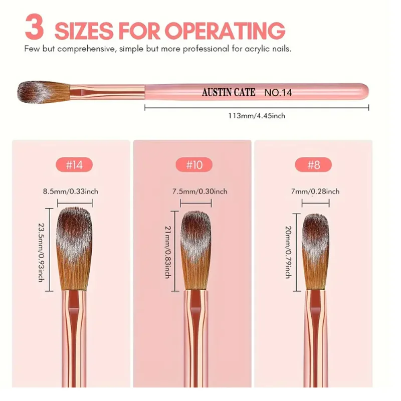 Nail Art Brush 3pcs Acrylic Nail Brush Set Size 8/10/14 Acrylic Powder Application Brushes Nail Art Extension & Carving Salon Tool