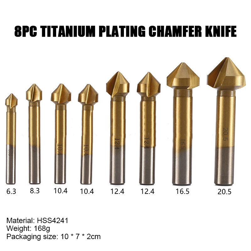 6/8Pcs Titanium Round Shank 3 Flute 90 Degree HSS Chamfer Chamfering Cutter End Mill Tool Countersink Drill Bit Set