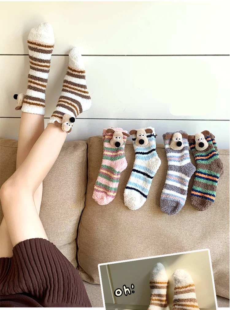 Five Pairs Of Socks Doll Cute Little Bear Coral Fleece Socks Autumn And Winter Socks Striped Home Floor Socks Sleep Socks Gift_voghion.com