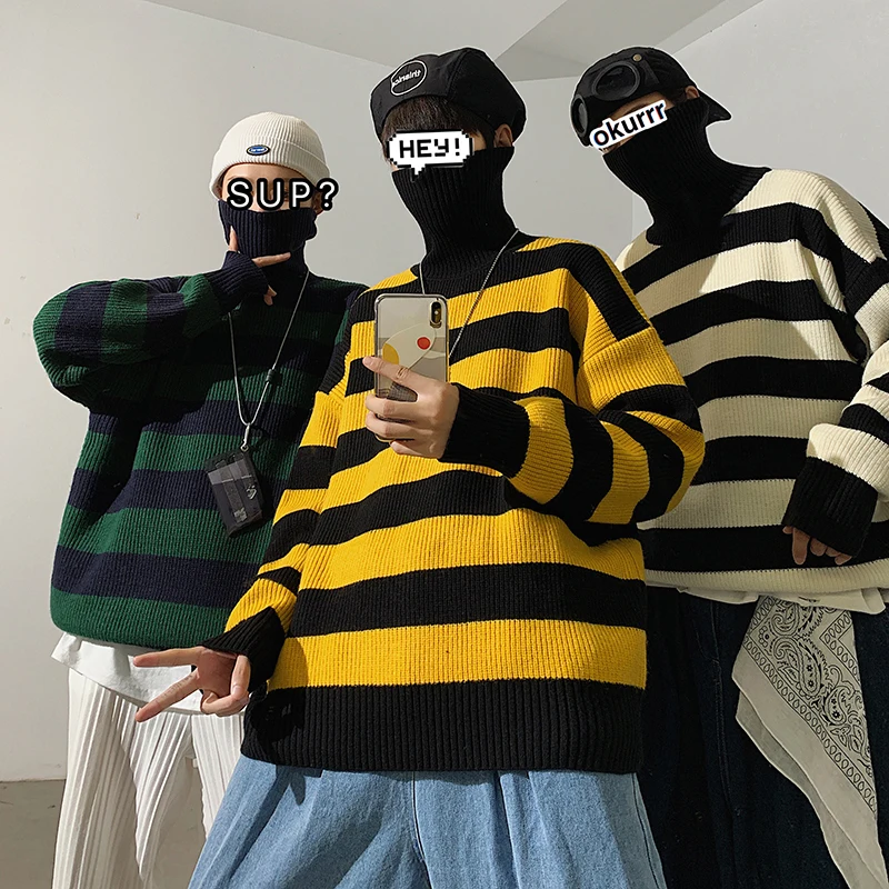 

2023 New Couple Sweaters Unisex Trend High Neck Thick Wool Tops Korean Fashion Striped Sweatshirts Harajuku Y2k Pullovers Shirts