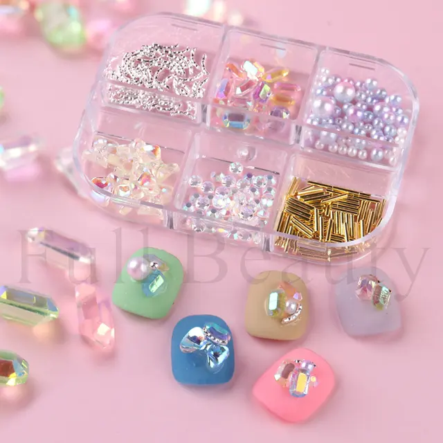 XEAOHESY 1 Box Aurora Mermaid Beads Bubble Nail Charms 6 Grids Mixed Color  Flatback Crystal Beads Nail Gems Nail Art Decoration for Acrylic Nails