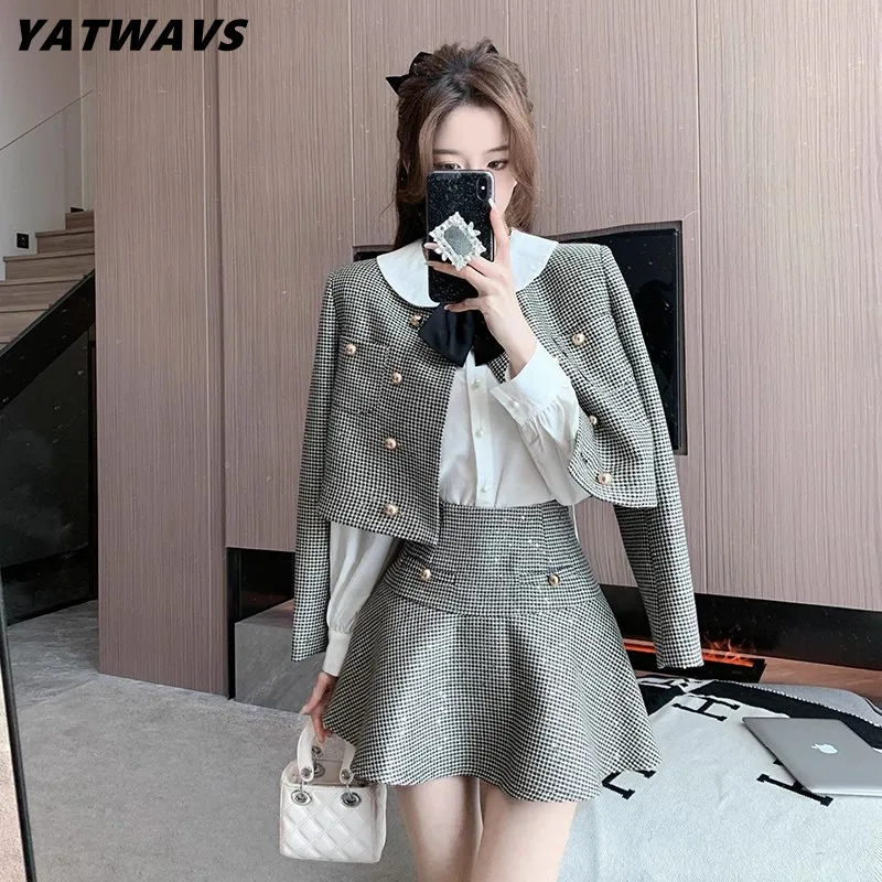 

Fashion Sequin Lattice Tweed Two Piece Set French Small Fragrant Women Short Jacket Coat + Mini Skirt Suits Autumn Conjuntos