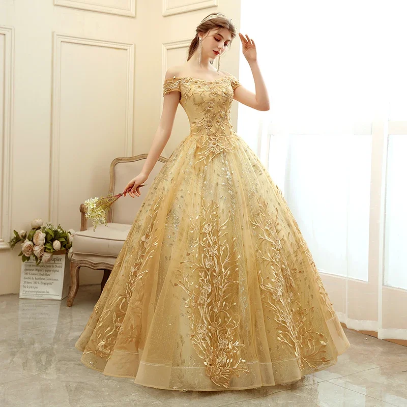 Off The Shoulder Party Gold Quinceanera Dress New Prom Dress Ball Gown Vintage Lace Quinceanera Gown Plus Size