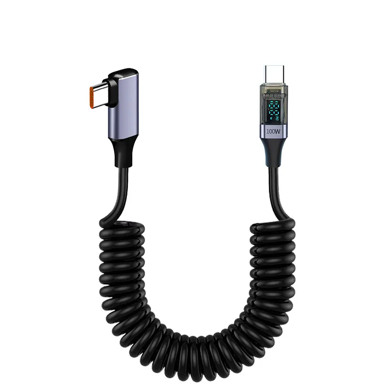 직각 USB C to 타입 C 코일형 고속 충전 케이블, LED 디지털 디스플레이 충전 코드 아이폰 17/16/15, 삼성 S25/S24용