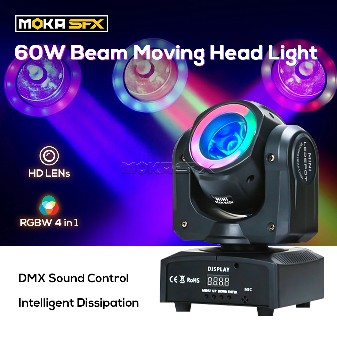 

MOKA LED 60W Beam Spot Moving Head Light RGBW 4in1 Stage Effect Lighting for Disco DJ Nightclub Wedding Events DMX Sound Control
