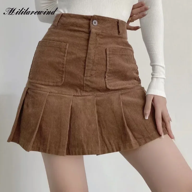 

High Waist Retro Skirts for Women American Girl Autumn Winter New Corduroy Pleated A Line Mini Skirt College Faldas Femme Skirt