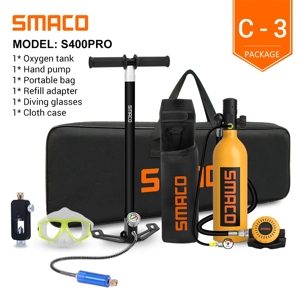 SMACO Scuba Diving Equipment 1L Oxygen Cylinder Tank Breathing Kit w/ Hand Pump 