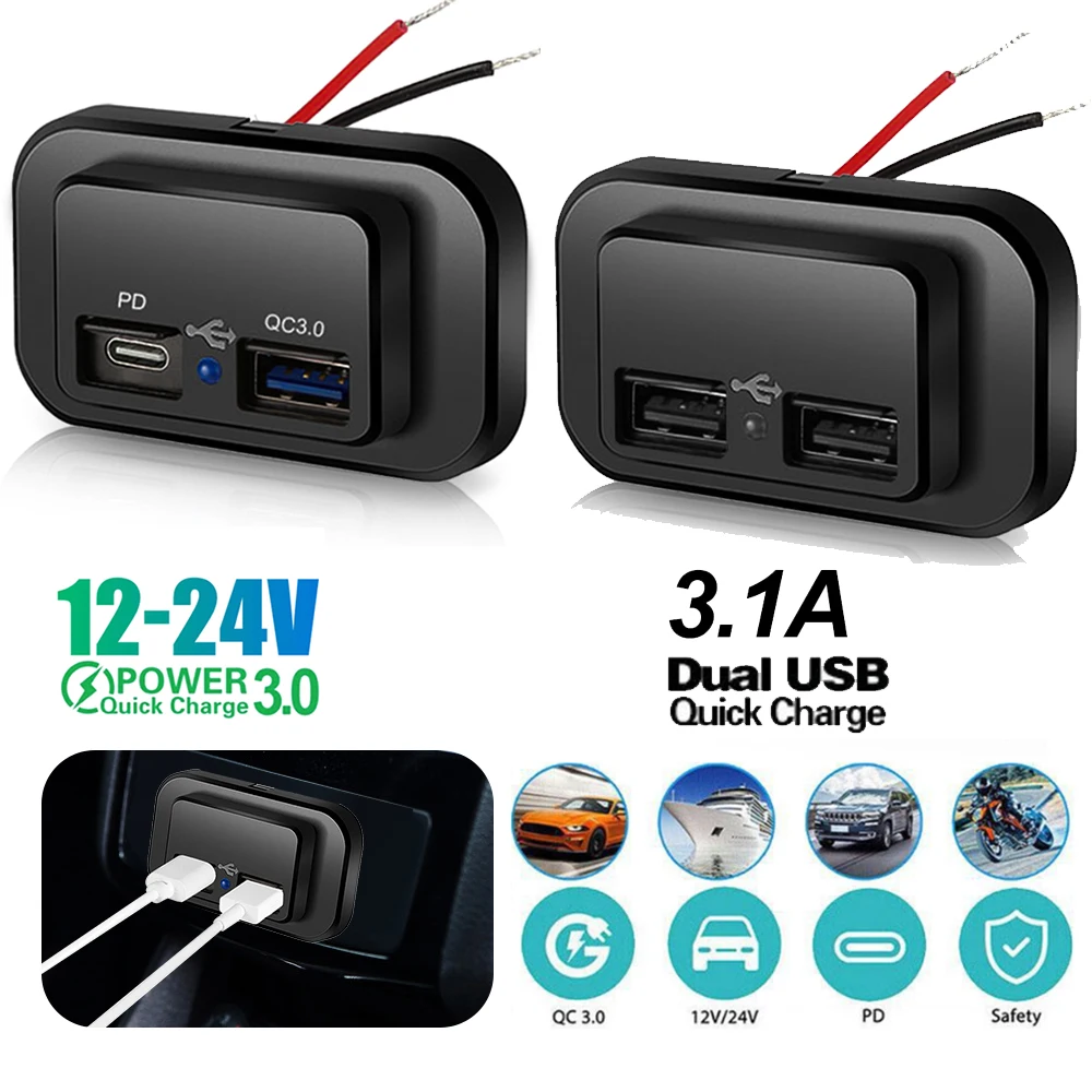 

PD QC3.0 автомобильное зарядное устройство для быстрой зарядки 12/24 в, двойное зарядное устройство USB, выходная панель, адаптер питания для грузовика, кемпера, фургона, аксессуары