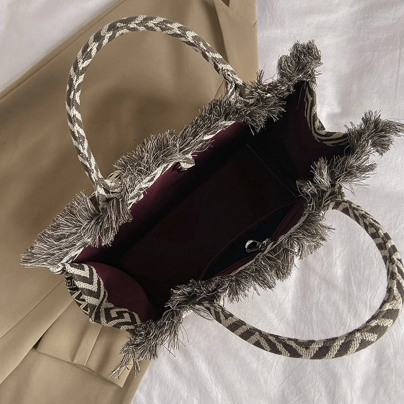 Große Kapazität Strand tasche für Frauen 2024 Mode Jacquard Stickerei Leinwand Umhängetasche Marke Designer Handtasche Einkaufstasche – Detail 12