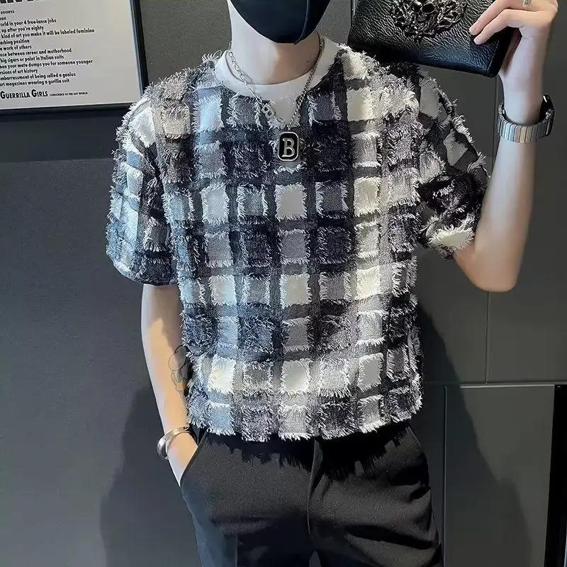 

Fashion Plaid Men's T Shirts Chic Harajuku Summer O-Neck Tops Tees Men's Clothes School Travel Business Casual Tshirts for Men