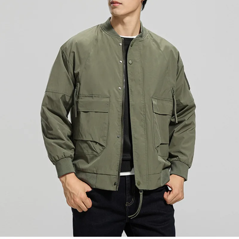 New Men Jackets Solid Baseball Collar Workwear Long Sleeve Zipper Casual Crop Coats Men Streetwear Stylish Versatile Outerwear