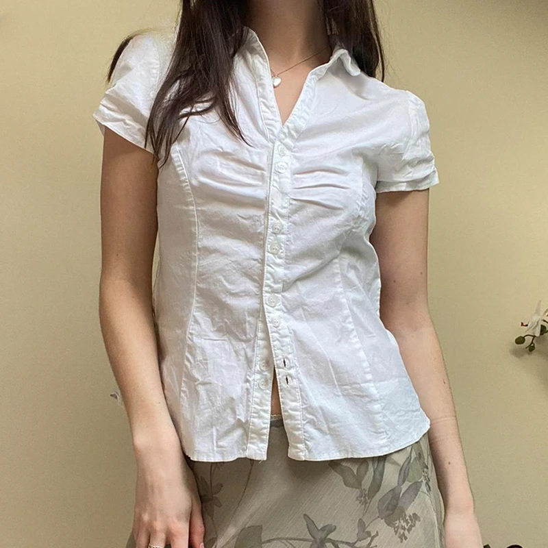 

Vintage Folds Crop Top White Button Up Short Sleeve Blouse Women Bandage Korean Fashion T-shirt Casual Streetwear y2k Tee
