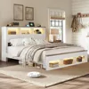 Bed Frame with Storage Bookcase Headboard and Footboard, Storage Wood Platform Bed Frame with Wood Slats Support, Noiseless LED 1