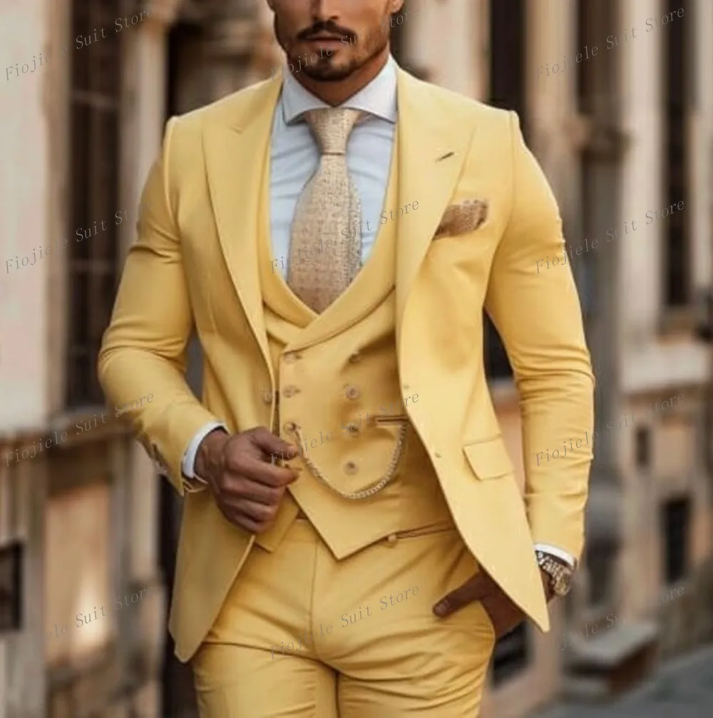 

New Yellow Men Suit Business Tuxedos Formal Occasion Groom Groomsman Wedding Party Prom Male 3 Piece Set Blazer Vest Pants