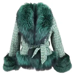 Short Jacket Coat With Real red Fox Fur Collar Cuffs Front And Belt Woman Elegant Fur 2024 Autumn Winter Green Color