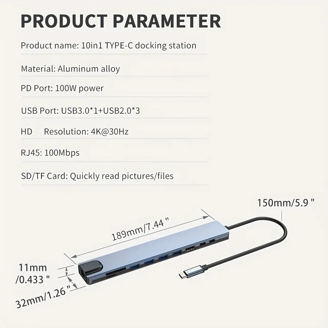 10 in 1 USB C HUB 4K30Hz Docking Station Type C to HDMI-Compatible RJ45 Ethernet PD100W for MacBook iPad Huawei Sumsang Phone 6