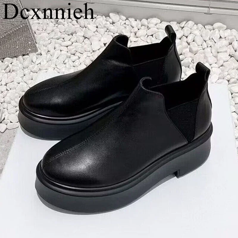 

Genuine Leather Elastic Band Splicing Ankle Boots Women Thick Bottom Heighten Short Boots Autumn Winter Versatile Chelsea Boots