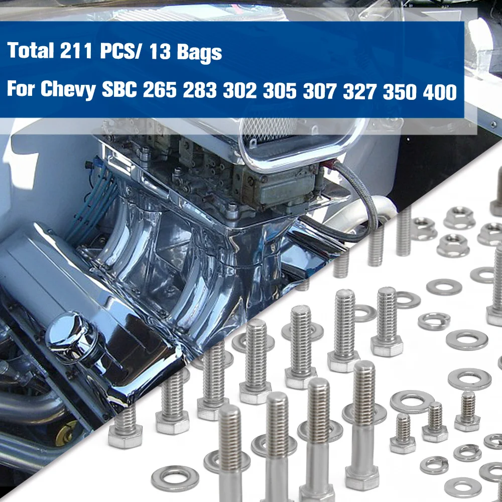 Small Stainless Block For Chevy SBC 265 283 302 305 307 327 350 400 Engine HEX Bolt Kit 211Pcs Nuts & Bolts WX-EMK01