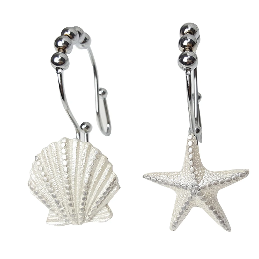 12pcs Double Rings Decor Shower Curtain Hook Shower Ring Stainless Steel White Resin Starfish Sea Shell Curtain Hanger