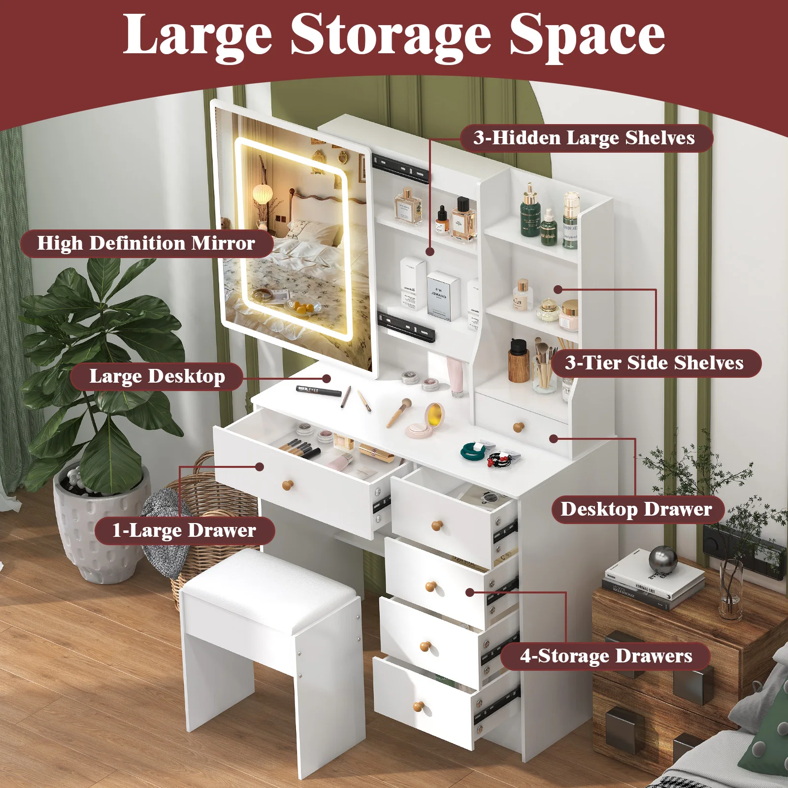 White Modern Vanity Set with Large Touch Control LED Lighted Mirror 5 Drawers & Stool 3 Open Compartments Dressers For Bedroom