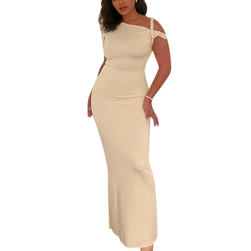 Vestidos sexis de verano para mujer, de color liso, irregulares, con cuello oblicuo, manga corta, ajustados, largos, para fiesta de noche Y2K.